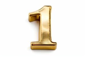 Number one golden shining typography symbol or sign template, realistic illustration isolated on white background. Gold 3d digit or figure for numbering. photo