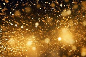 Gold glitter texture on dark background. Golden explosion of confetti. Golden grainy abstract texture on dark background. Design element. photo