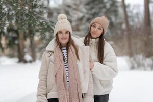 Two young women standing in a snowy park, smiling and enjoying the winter season with copy space for text. Concept of friendship, seasonal fashion, and outdoor relaxation in a serene environment. photo