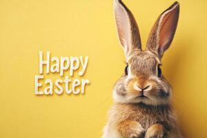 Brown easter bunny with big ears on yellow background with text Happy Easter photo