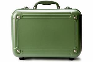 Old and worn green vintage suitcase isolated on white. photo