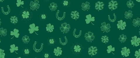 Patricks Day, clover pattern on green. Hand drawn illustrations. vector