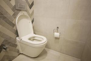 Clean and sleek restroom with contemporary toilet and decor., photo