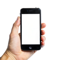 A hand holding a smartphone with a blank white screen, showcasing mobile technology and app usage png