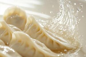 Steamed dumplings nestled in a pool of creamy sauce. The dumplings are arranged y on a sleek white plate. photo