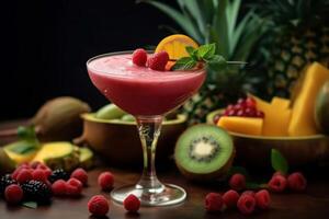 Raspberry smoothie or milkshake drink in glass on the table near fruits and berries photo