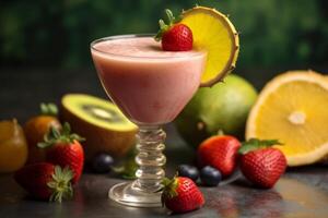 Raspberry smoothie or milkshake drink in glass on the table near fruits and berries. photo