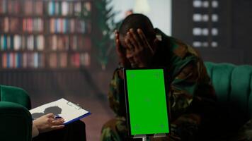 Counseling session for a army war soldier with isolated copy space display, showcasing therapy support for PTSD and reintegration into society. Armed forces soldier with flashbacks. Camera B. photo