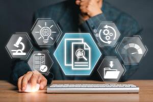 Business professional exploring innovative research concepts with futuristic technology icons and digital interface. photo