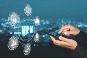 VPN, Virtual Private network protocol concept, Woman hand using smart phone with vpn icon on VR screen. photo