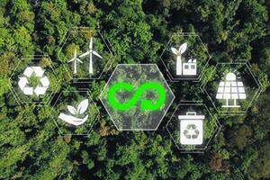 Circular economy concept, Aerial top view green forest with circular economy icon on vr screen, renovating and recycling existing materials and products as much possible. photo