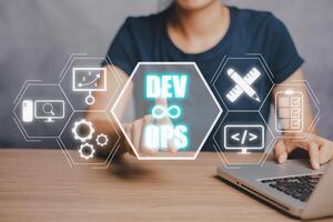 DevOps concept, Woman hand touching DevOps icon on VR screen on desk, Methodology development operations agil programming technology.concept. photo