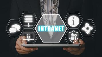 Intranet concept, Businessman using digital tablet with intranet icon on virtual screen. photo