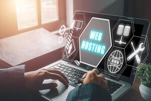 Web hosting concept, Woman using computer and presses his finger on the virtual screen inscription Hosting on desk, Internet, business, Technology and network concept. photo