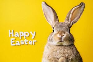 Gray easter bunny with big ears on yellow background with text Happy Easter photo