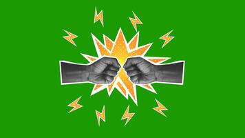 Creative expression through graphic design featuring two fists colliding with an energy explosion on a green background video