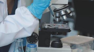A person in a lab coat is looking at a microscope video