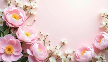 Pink peony flowers on pink background with copy space. Top view photo