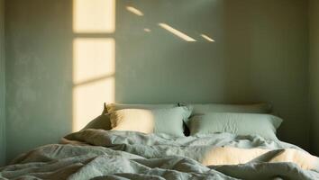 An unmade bed with pillows and a window photo