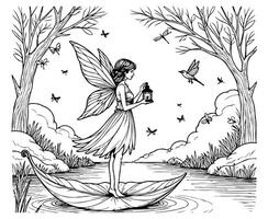 A coloring page Fairy on Floating Leaf with Lantern at Dawn vector