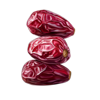 Three vibrant red dates stacked elegantly on a reflective surface. png