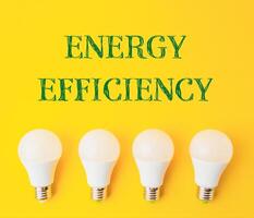 text Energy Efficiency on a yellow background with light bulbs photo