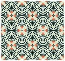 Geometric pattern featuring intricate floral motifs in navy blue, coral, and cream hues, with radiating lines creating depth. vector