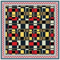 Abstract geometric pattern featuring red, yellow, black, and beige shapes on a dark background, bordered with a decorative edge. vector