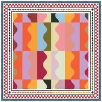 A colorful square scarf, geometric pattern featuring wavy shapes in vibrant hues, bordered by an ornate design of triangles and diamonds. vector