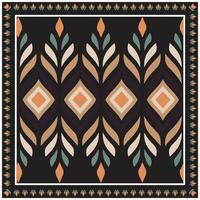 A vibrant square print scarf, geometric pattern featuring colorful leaves and diamonds against a black background, bordered by a decorative edge. vector