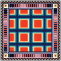 A vibrant print scarf, patterned textile features layered squares in red, teal, and cream against a dark blue background, framed by colorful geometric borders. vector