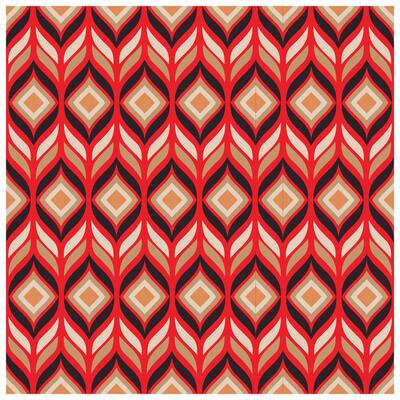 A vibrant, symmetrical pattern of red leaves and diamonds in warm beige, cream, and black, creating a retro, bold design.