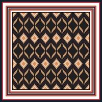 A geometric square print scarf, pattern featuring brown and beige diamonds and swirling leaf shapes, framed by multiple colored borders. vector