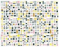 Abstract pattern featuring a vibrant mix of squares and lines in pink, yellow, green, gray, and black against a white background. vector