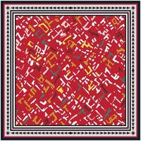 Red square print scarf, abstract pattern with intersecting shapes in yellow, white, and teal, bordered by a geometric black and white frame. vector