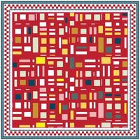 A vibrant red square print scarf, background features an abstract pattern of variously sized colorful rectangles and squares, bordered with a decorative trim. vector
