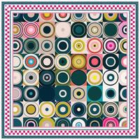 Colorful geometric print pattern on square shape featuring varying concentric circles on a dark background, bordered with a decorative checkered edge. vector