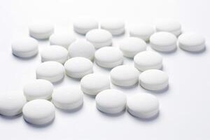 Realistic round pills isolated on white background. Can be used for medical and cosmetic. photo