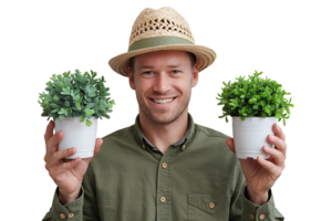 Happy Gardener Holding Two Potted Plants isolated on transparent background png