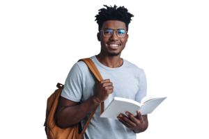 Smiling Student Holding Book and Backpack isolated on transparent background png