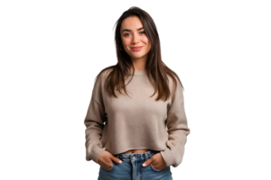 Portrait of a Smiling Young Woman in Beige Sweater isolated on transparent background png