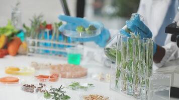 A person in a lab coat is working with food video