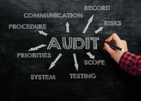 Hand points to text Audit and components on chalkboard photo