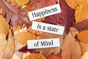 Pile of leaves with a white paper that says happiness is a state of mind photo