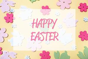 creative template postcard in a festive style on a bright background with flowers text. photo