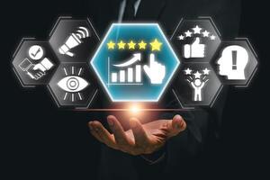 Visual representation of reputation management with digital icons, highlighting online presence and brand trust. photo