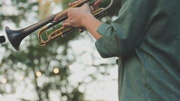 A person is playing a trumpet in front of a microphone video