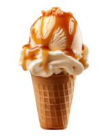 salted caramel ice cream cone with rich caramel drizzle and crunchy nut topping, creamy dessert, on isolated background png