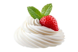 Whipped cream swirls topped with a fresh strawberry and mint leaf, creating a delightful dessert experience png
