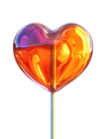 A vibrant heart-shaped lollipop in hues of orange and purple, resting on a stick, showcasing its glossy, colorful surface. png